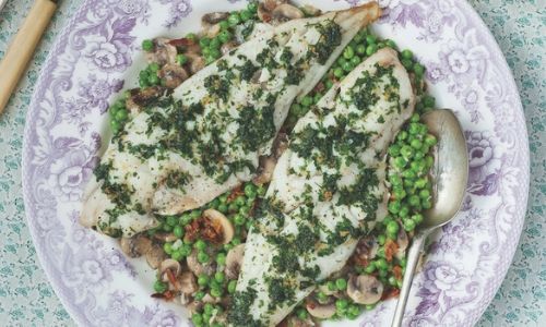 Baked Fish With Creamed Peas And Bacon